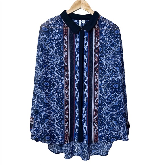 Cato Tops - Cato Blue Red Bandana Tribal Aztec Sheer Button Up Top